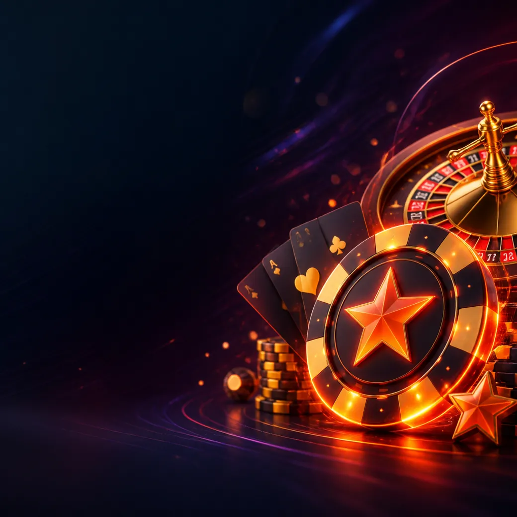 Modern casino illustration themed around Mostbet, featuring playing cards and chips on the right, with a clean left side.
