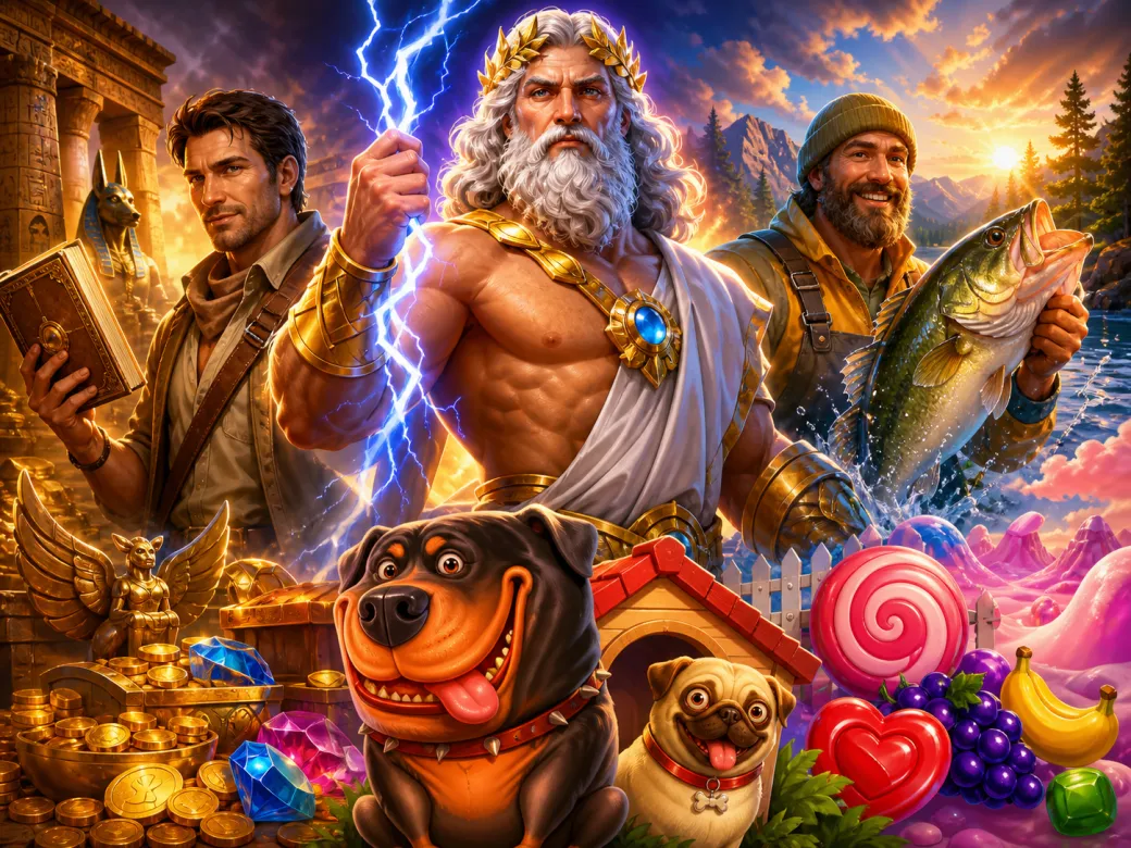 Colorful promotional artwork featuring characters and symbols from popular slot games available on Mostbet.